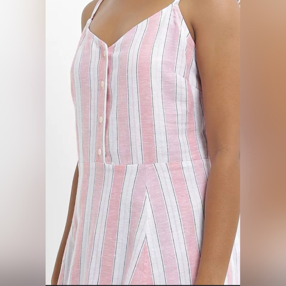 GAP Sleeveless V-Neck Button Front Linen Blend Pink & White Stripe Mini Dress- M - Picture 3 of 13